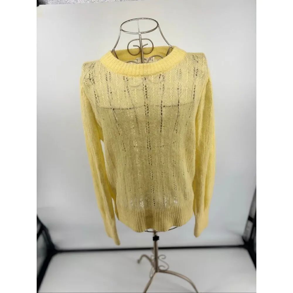 Mango MNG Wool Blend Open Knit Crew Neck Sweater Size S Yellow Long Sleeve